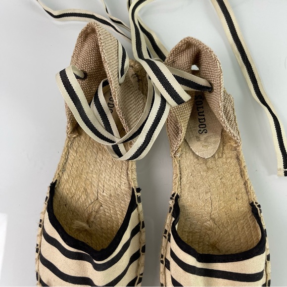 Soludos Shoes Espadrille Ankle Flats‎ Tie Striped Black White Tan Cream - Picture 5 of 12